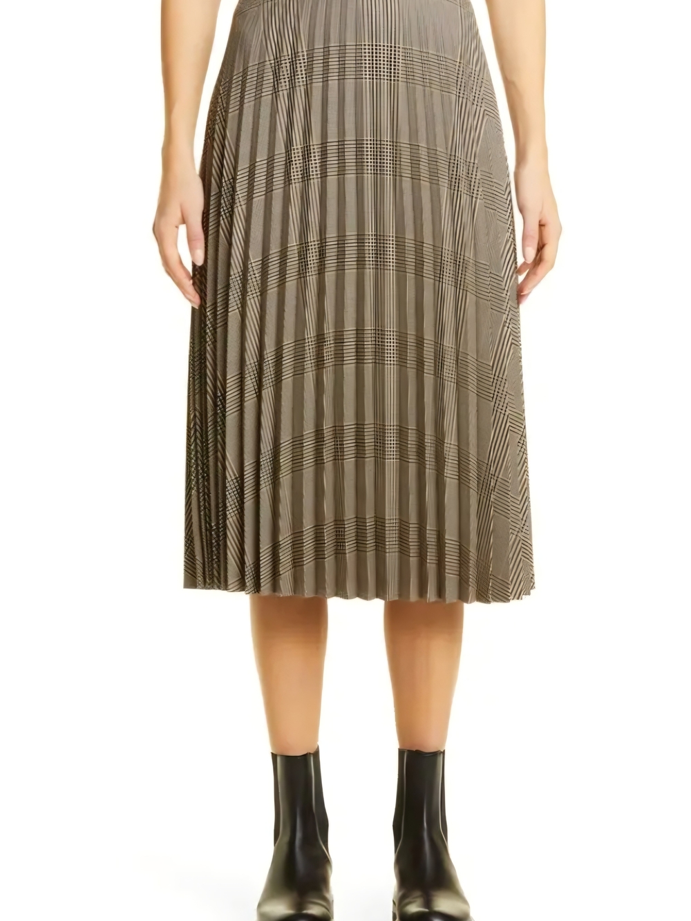 Boss Pleated Midi Skirt in Taupe Plaid